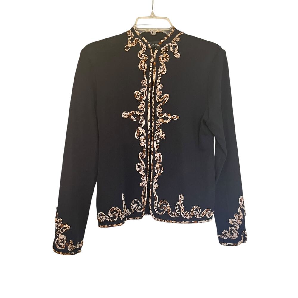 Ming Wang Black Leopard Print Embellished Cardigan Sweater Jacket Size Small